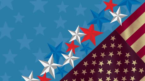 animation of american flag and stars moving over blue background