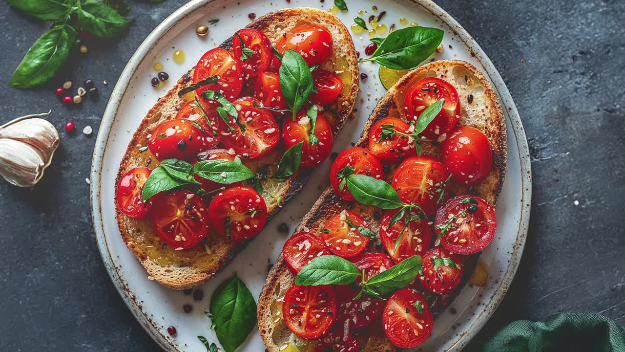 Bruschetta de tomate fresco com manjericão e azeite de oliva