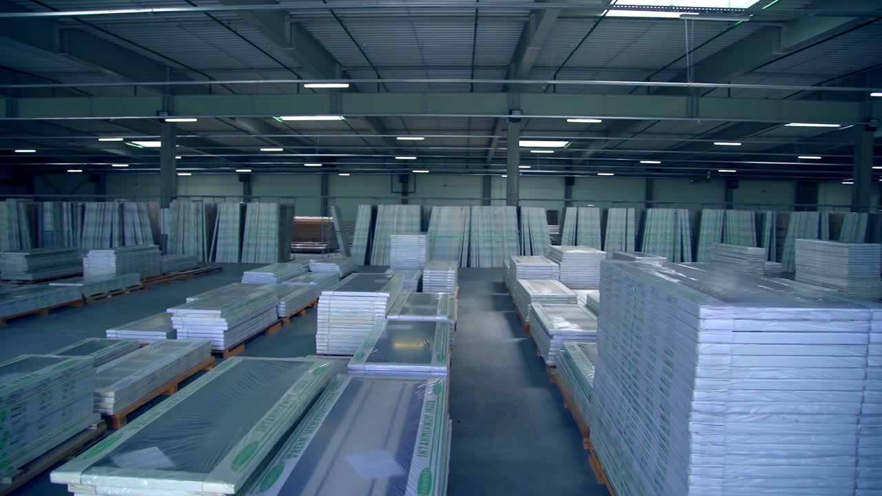 Inside the warehouse containing numerous newly-made doors. New doors are piled and covered in plastic.