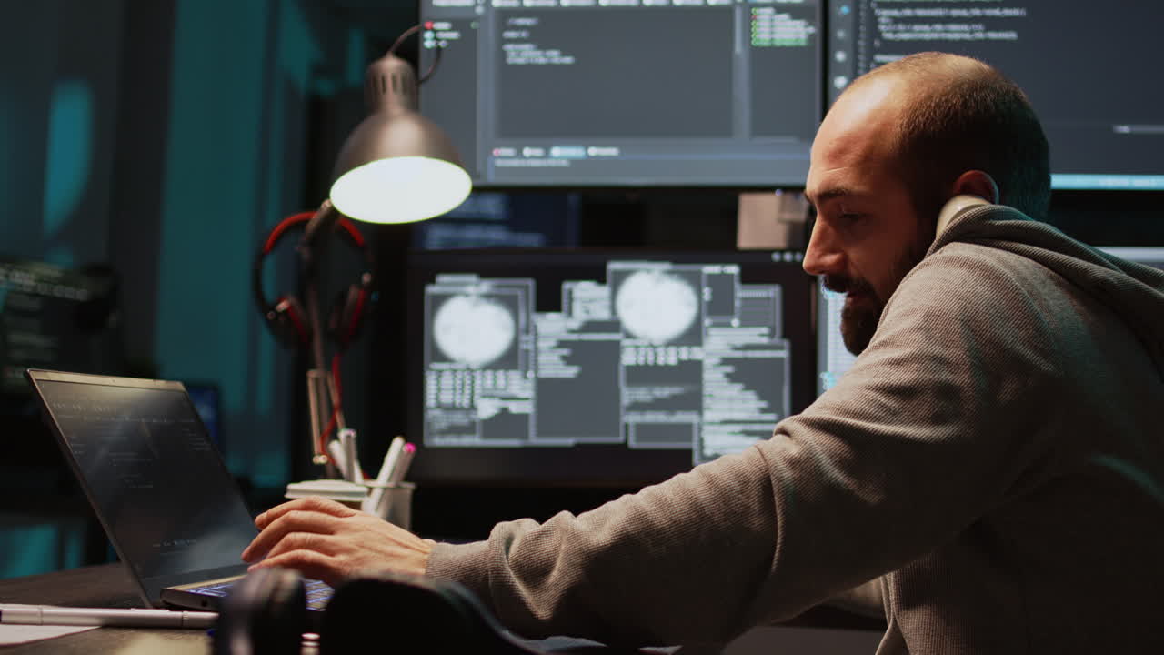 Programmer coding on multiple monitors