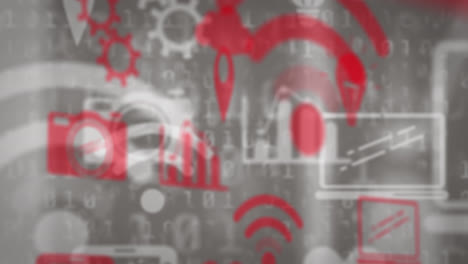 animación de iconos en línea en rojo y blanco moviéndose sobre un fondo gris