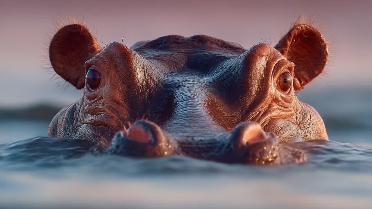 A Close-Up Encounter with a Hippopotamus in Water: Captivating Details of Its Features and Expression in a Serene Natural Habitat at Dusk