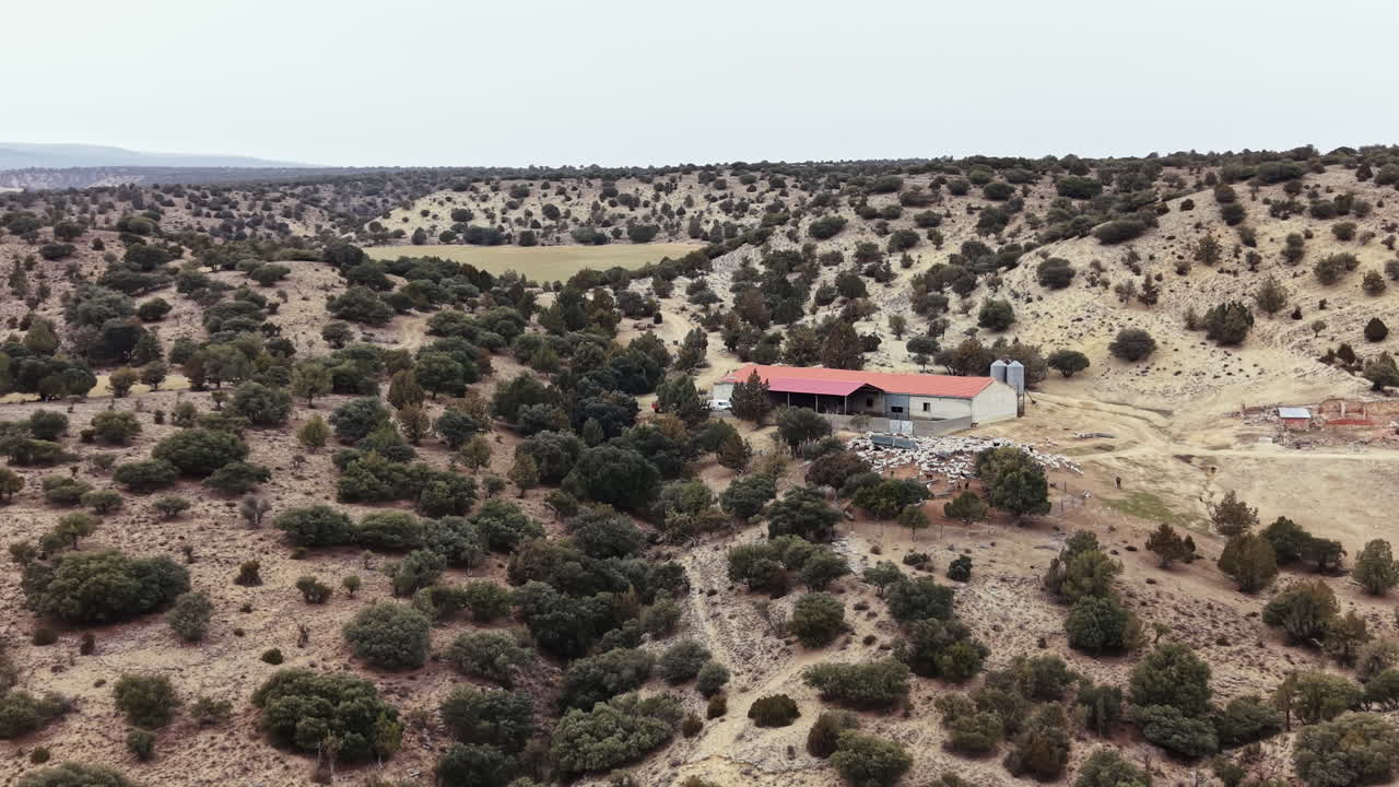 Ranch immerso in una zona remota con colline ondulate e alberi sparsi, in una giornata nuvolosa in campagna
