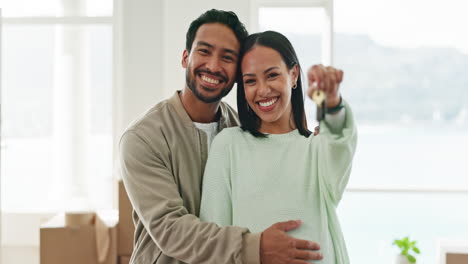 Happy-couple,-real-estate-and-hug-with-keys