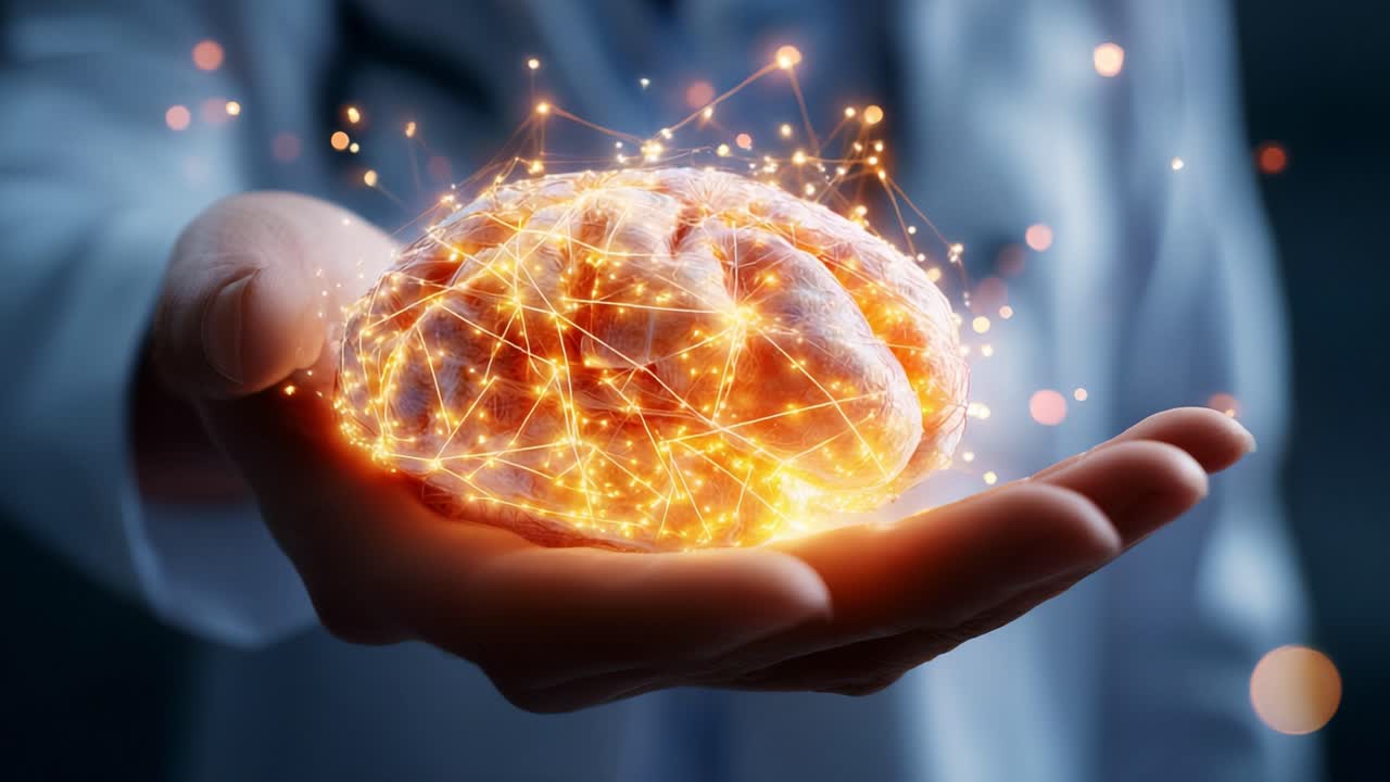 A Glowing Brain Representing Knowledge and Innovation in Science, Illuminated with Sparkling Connections and Neural Networks in a Scientific Context