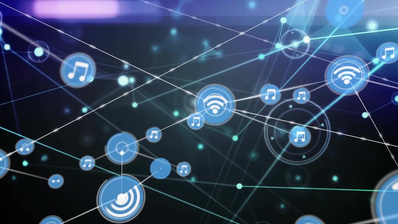 Animation of network of digital icons and light spots against blue background