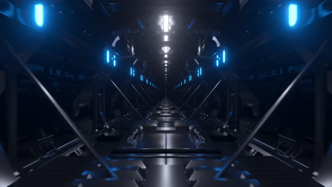Corridoio di astronave futuristico con illuminazione blu