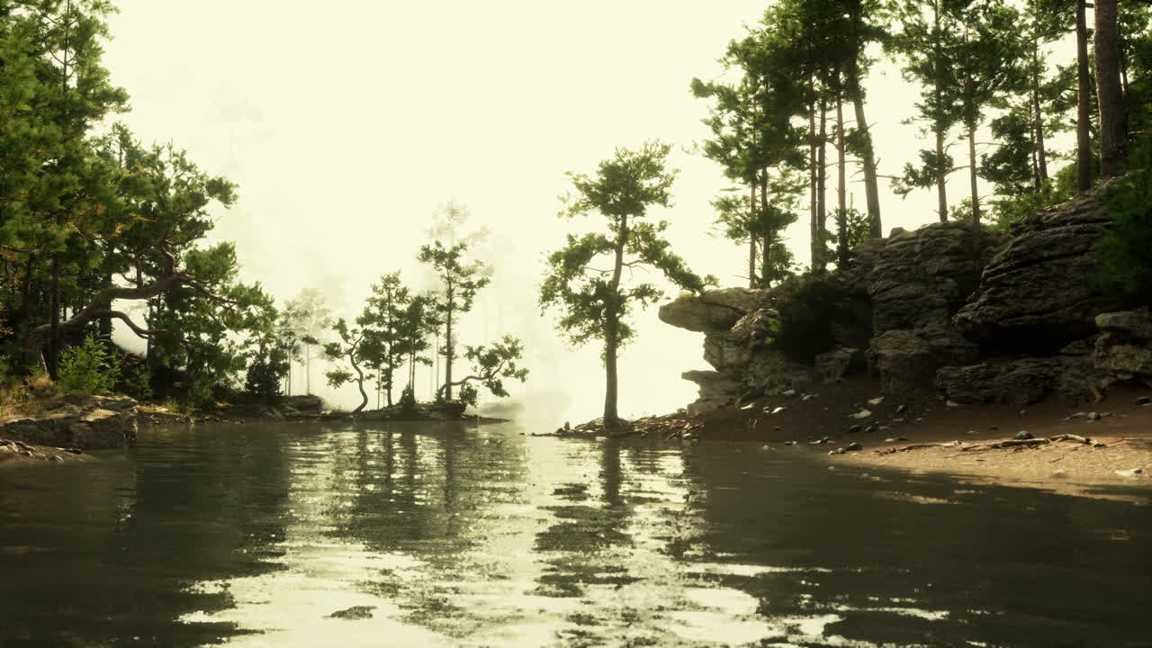 안개 가 가득 한 아침 을 가진 조용 한 숲 호수