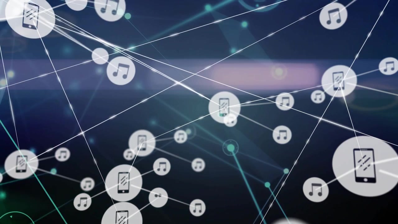 Centered phone icon spawning nodes, connector lines linking music icons, expanding media network