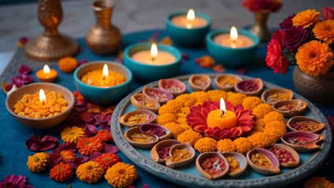 diwali decorations with candles and flowers