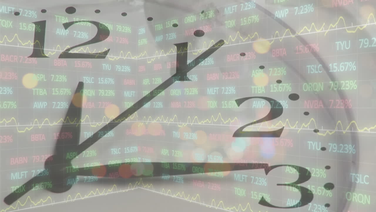 배경에서 움직이는 차량에 대한 거래 보드와 추상적인 패턴의 시계 애니메이션