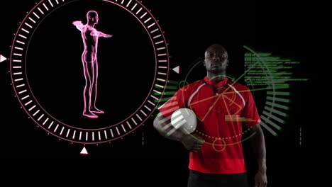 animation of human body spinning, data processing and scope scanning over rugby player