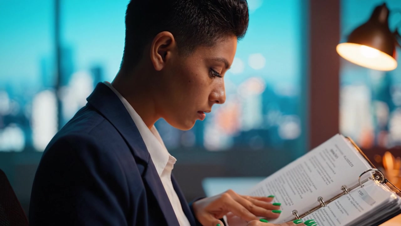 Wanita profesional meninjau dokumen penting di lingkungan kantor, fokus dan terlibat dengan isinya saat dia bersiap untuk tanggung jawab dan tugas yang akan datang