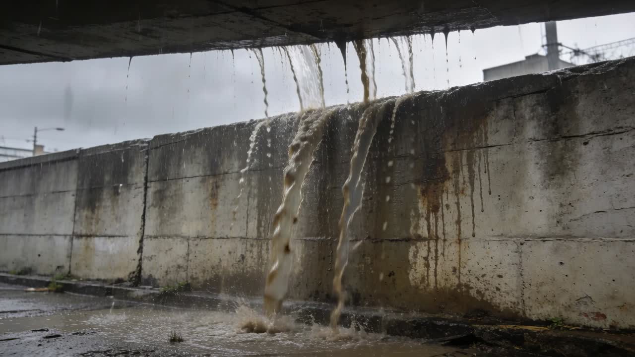 Pioggia che cade alimentando una cascata fangosa che si ingrossa e si riversa lungo un muro di contenimento in cemento, con limo