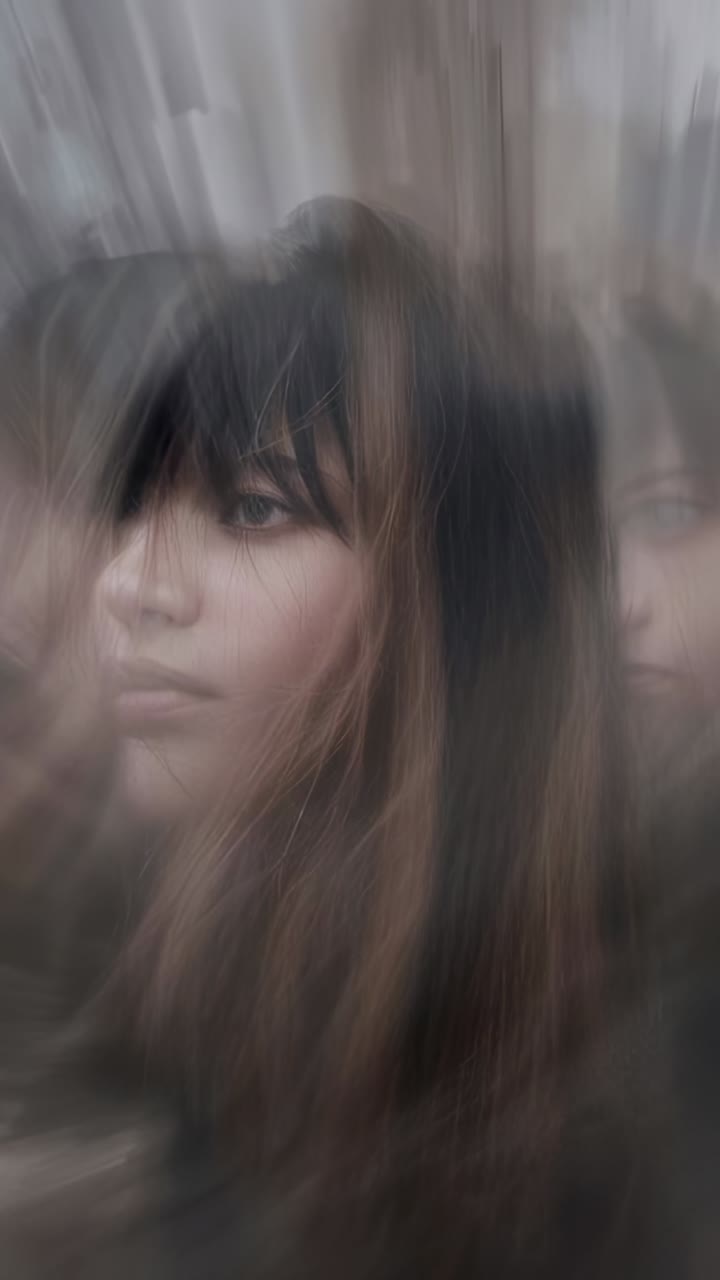 Vertical video: Filming woman still in room, zoom creating ghost face and streaks for dream effect