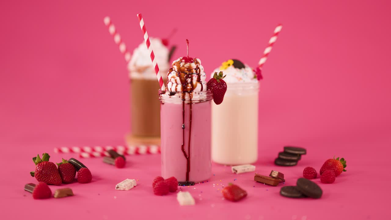 Three colorful milkshakes with toppings, bright pink background, smooth camera push-in, studio lighting