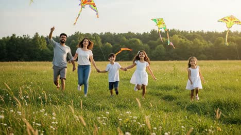 happy family running with kites in a grassy field at sunset