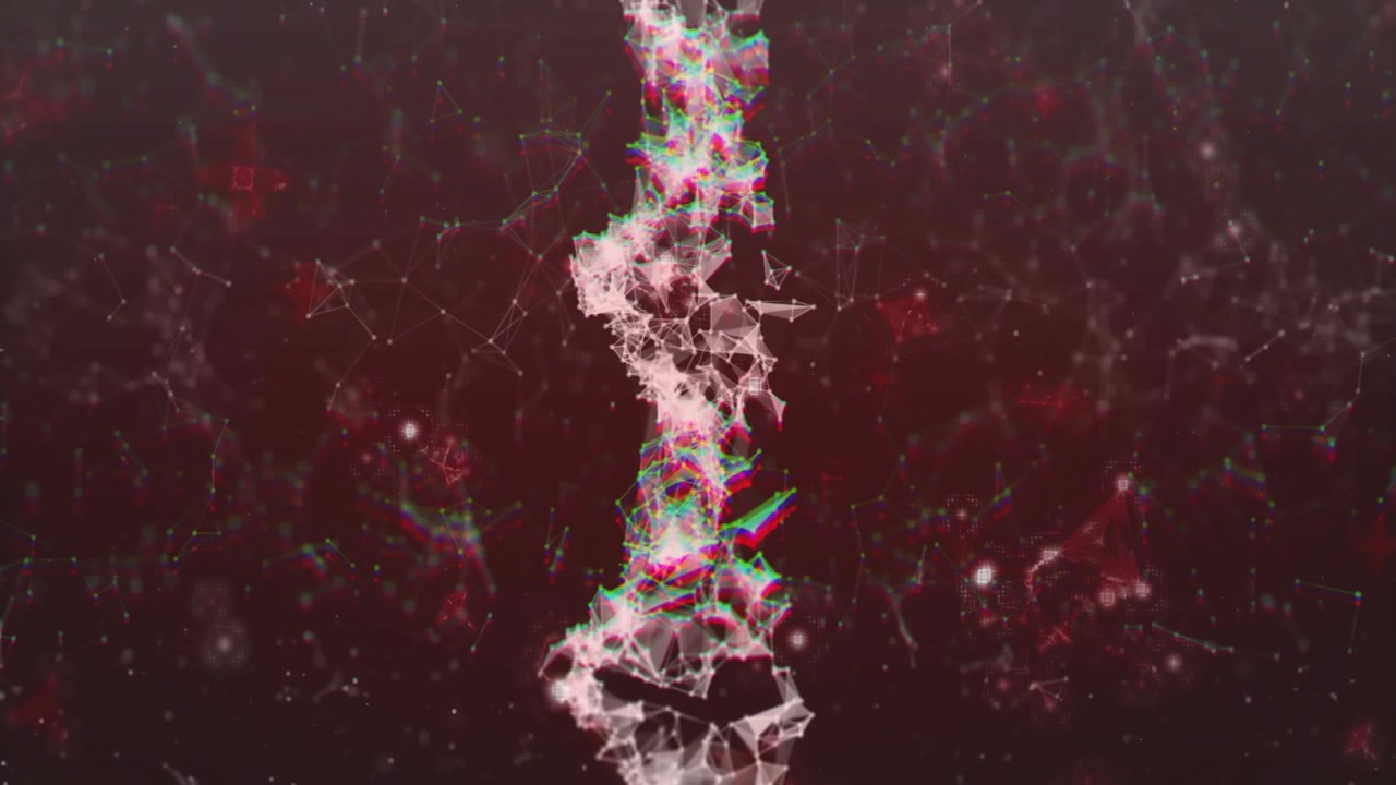 Colonna di particelle che pulsa con impulso interno, mesh triangolare che si trasforma e frange di colore che si dividono per la tecnologia