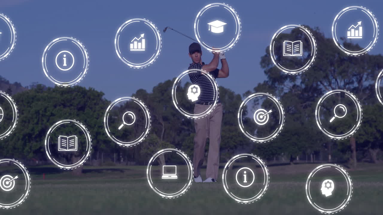 Mid-adult male golfer swinging golf club on fairway, featuring education icons and data overlays