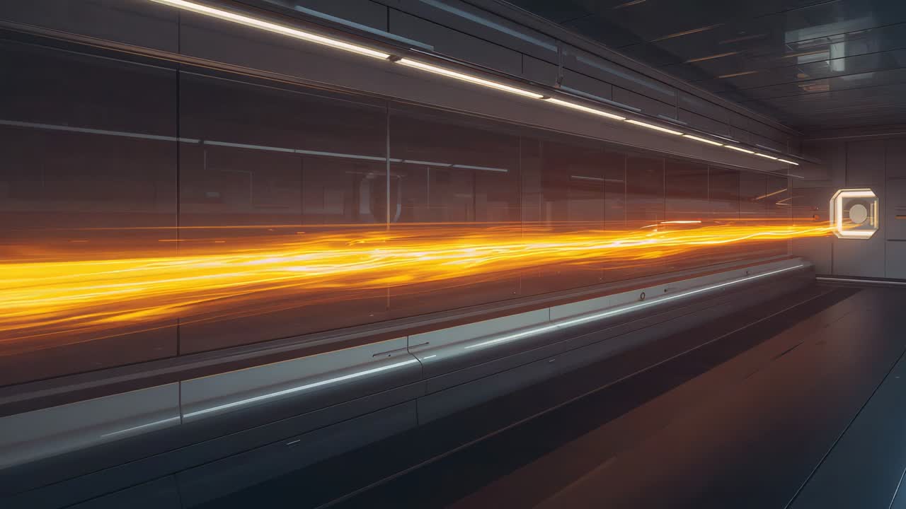 Entering from left orange energy streak moving in metal tube toward lit portal reflecting on floor