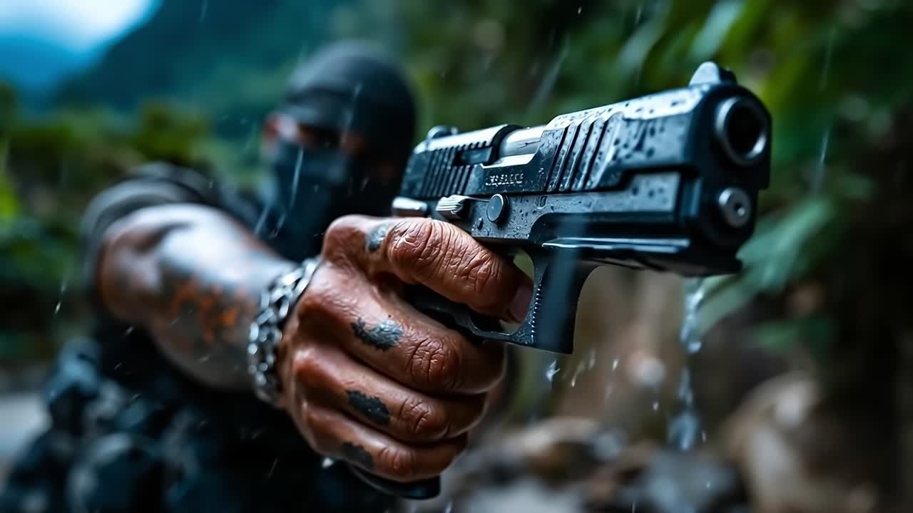 un hombre con un arma en la lluvia