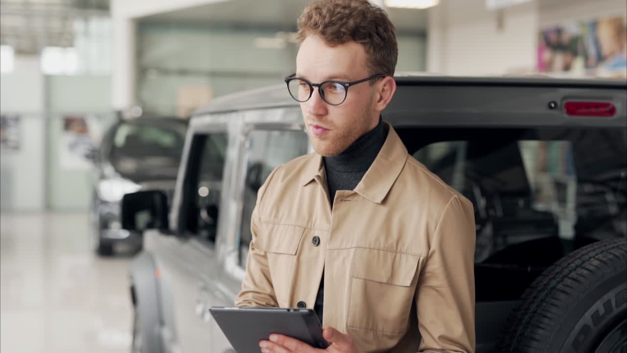 Homem de negócios elegante de óculos com um tablet nas mãos, com carros ao fundo no showroom.