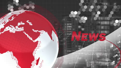 animation of globe and news text over cityscape