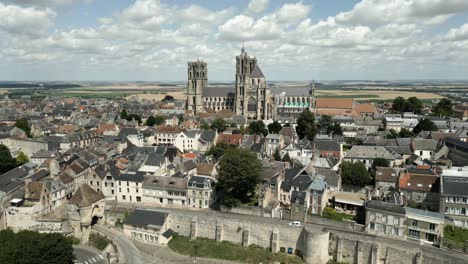 laon french town gate house city wall cathedral notre-dame france aerial view medieval historic