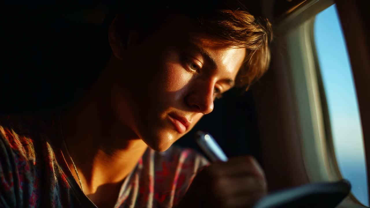A young person deeply focused on writing in a notebook while seated by a window, illuminated by warm sunlight filtering through the plane's window, capturing a moment of reflection and creativity at high altitude