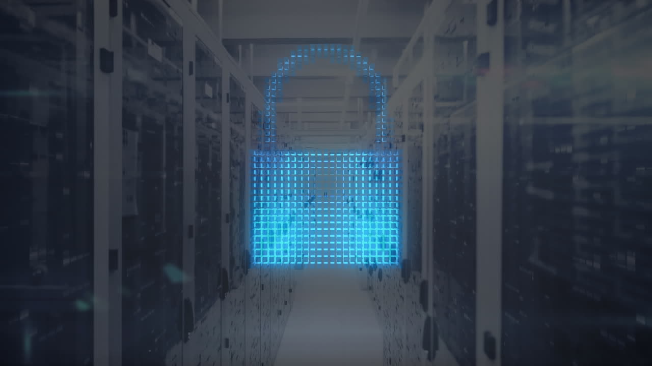 Animation of cloud, security padlock and shield icon against computer server room