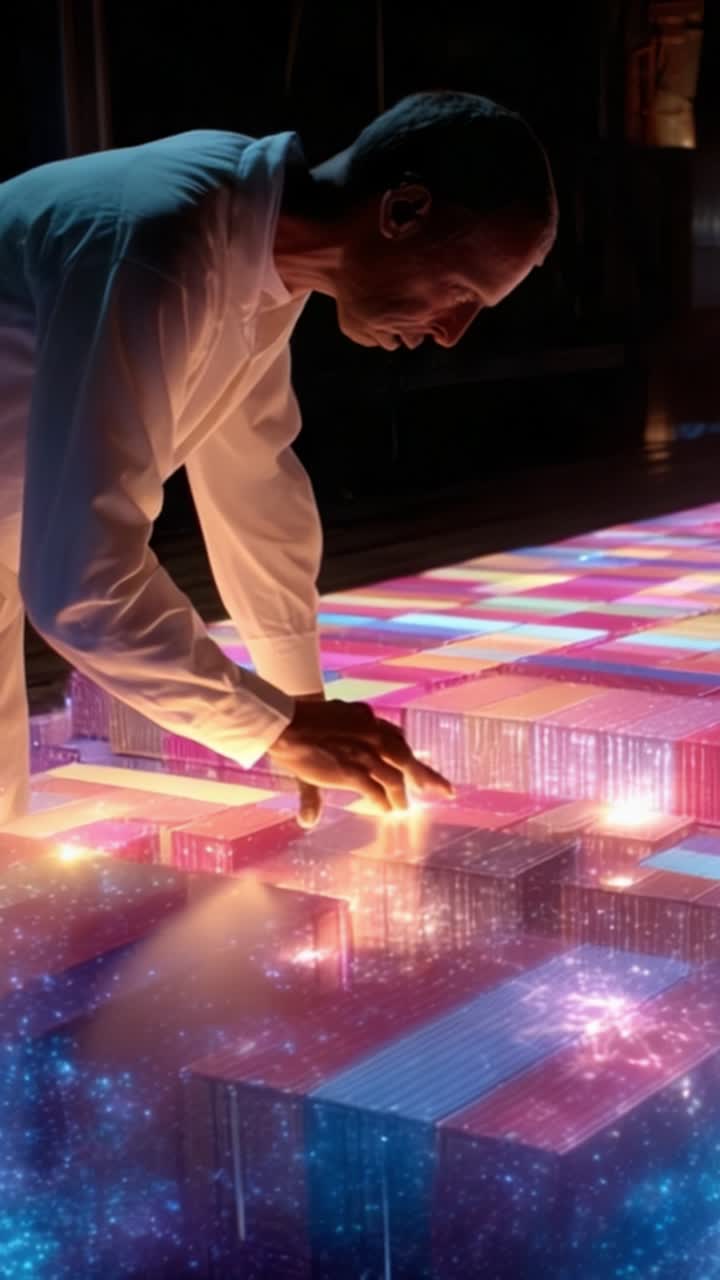 A Man Interacts with a Colorful Light Installation, Manipulating Translucent Blocks that Illuminate an Enigmatic Cosmic Pattern Beneath, Creating a Mystical Experience