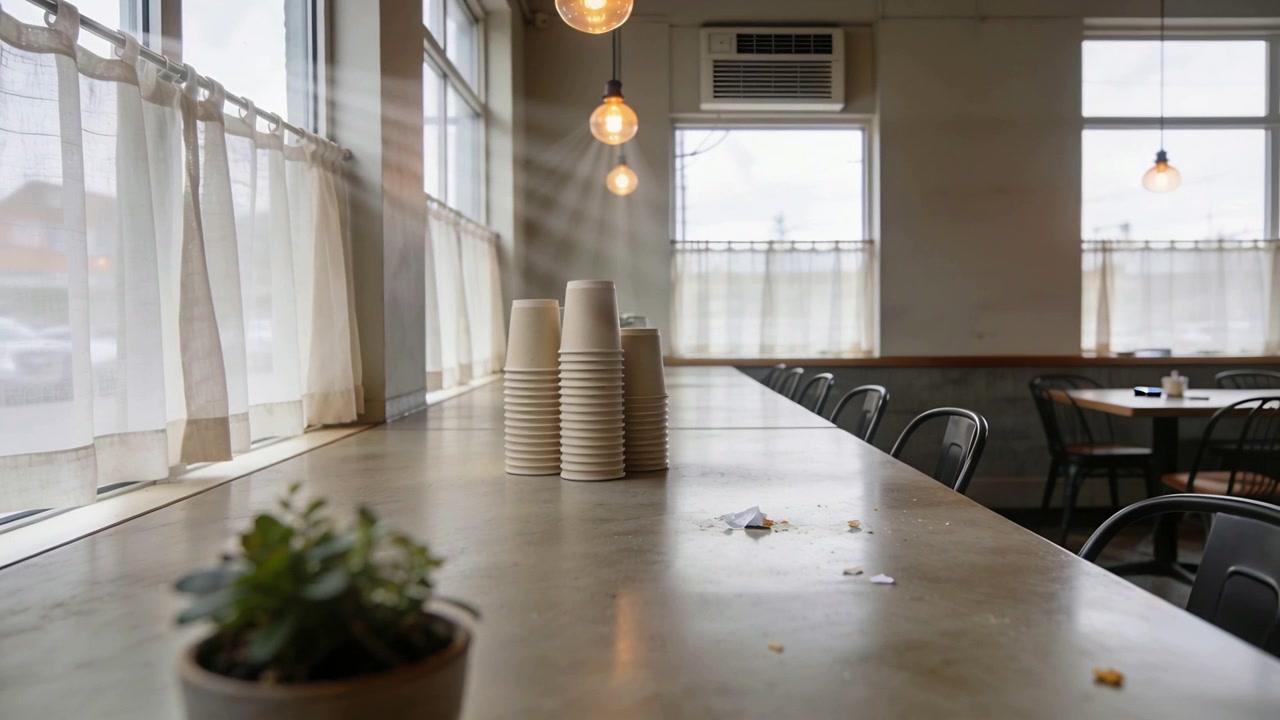 Camera moving forward, framing stack of paper cups on cafe counter with succulent, light casting