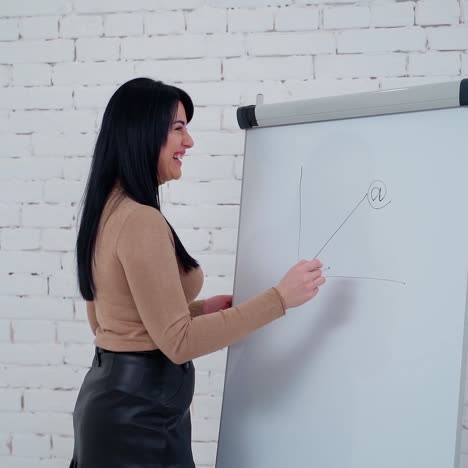 . woman writing with marker. happy young female business woman writing on white board