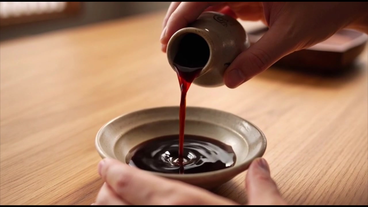 小さな陶器の器に醤油を注ぐ