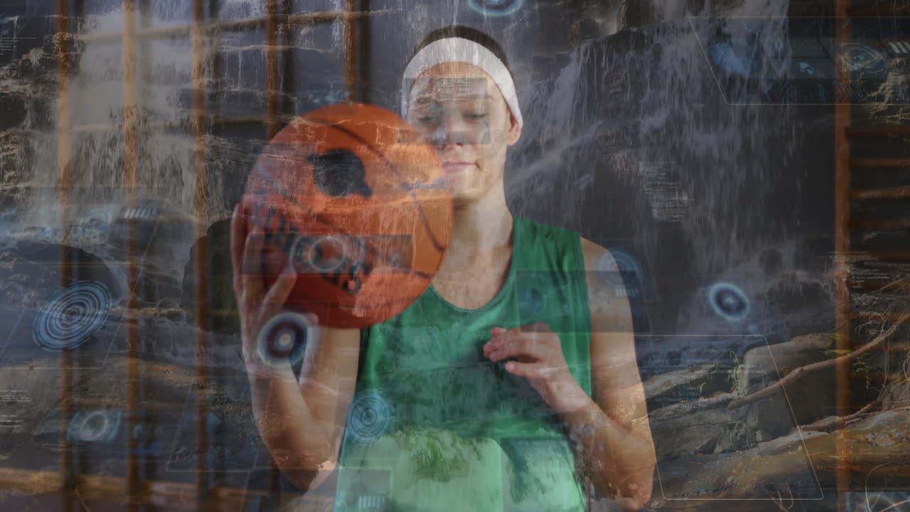 Dribbling basketball, player with digital data processing animation overlay in gym