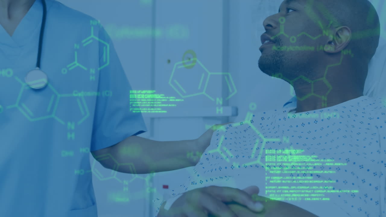 Animation of data processing over diverse business people using phone headsets