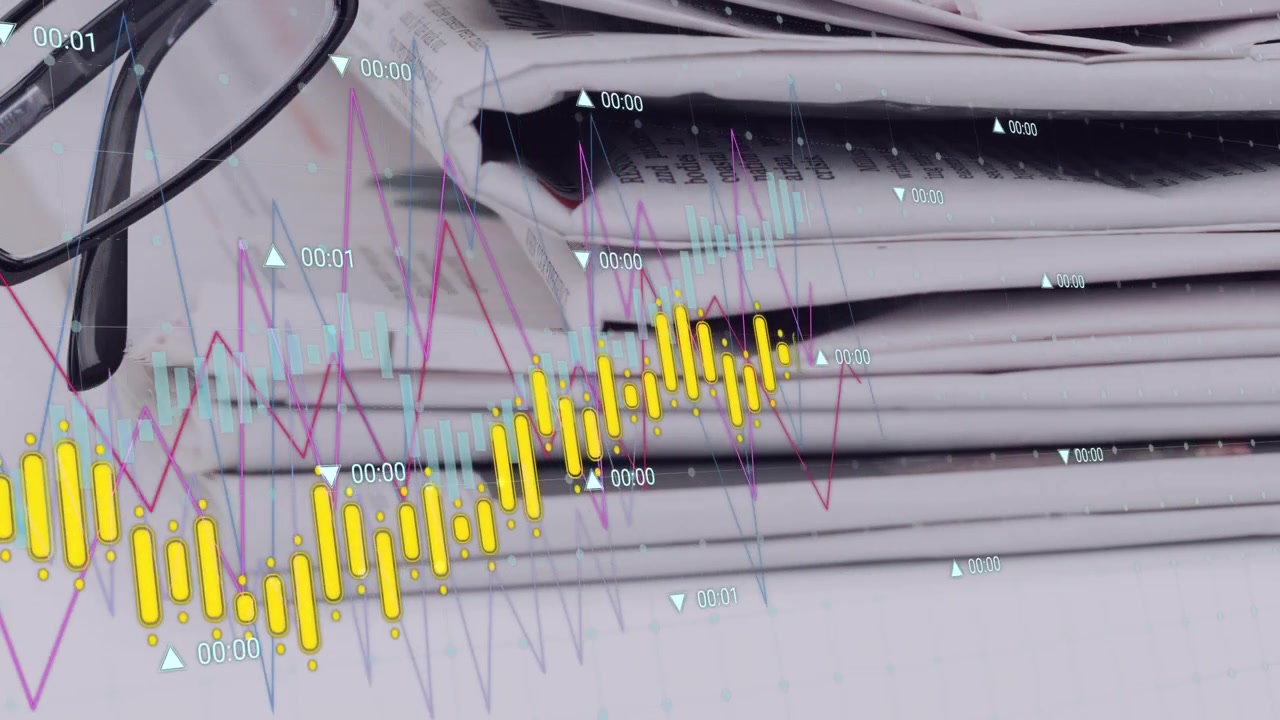 Animation av flera grafer med pilar och siffror som rör sig över staplade tidningar på skrivbordet