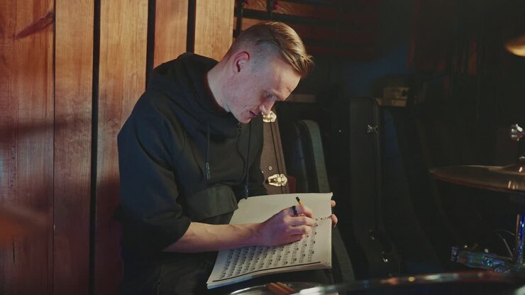 Musicista che si esercita con uno spartito in studio di registrazione