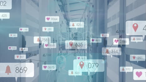 animation of network of digital social media icons and data processing over servers