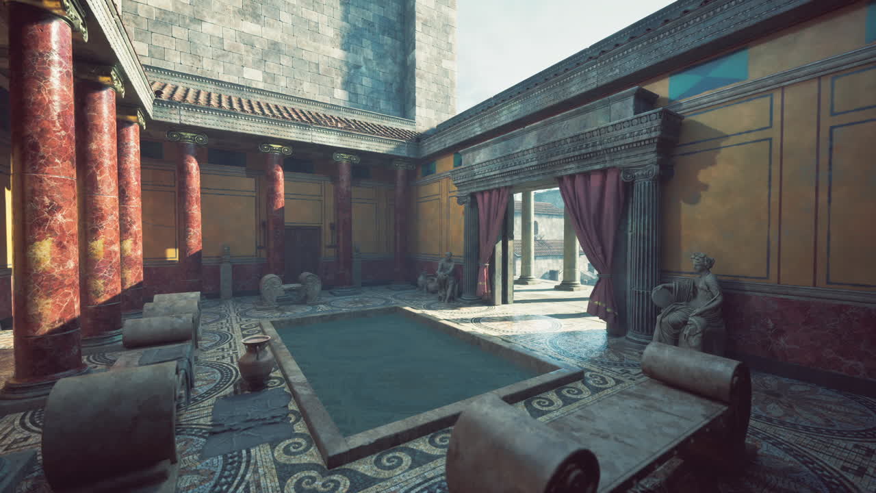 복잡 한 모자이크 를 가진 역사적 인 로마 욕조 의 우아 한 내부