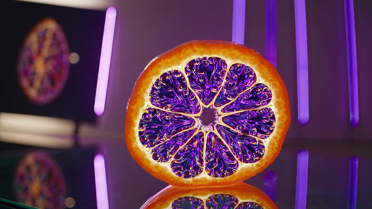 Vibrant orange slice revealing iridescent pulp, pulsating under dynamic neon lights and casting mesmerizing reflections across sleek black surface, transforming color with hypnotic intensity