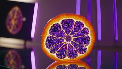 vibrant orange slice revealing iridescent pulp, pulsating under dynamic neon lights and casting mesmerizing reflections across sleek black surface, transforming color with hypnotic intensity