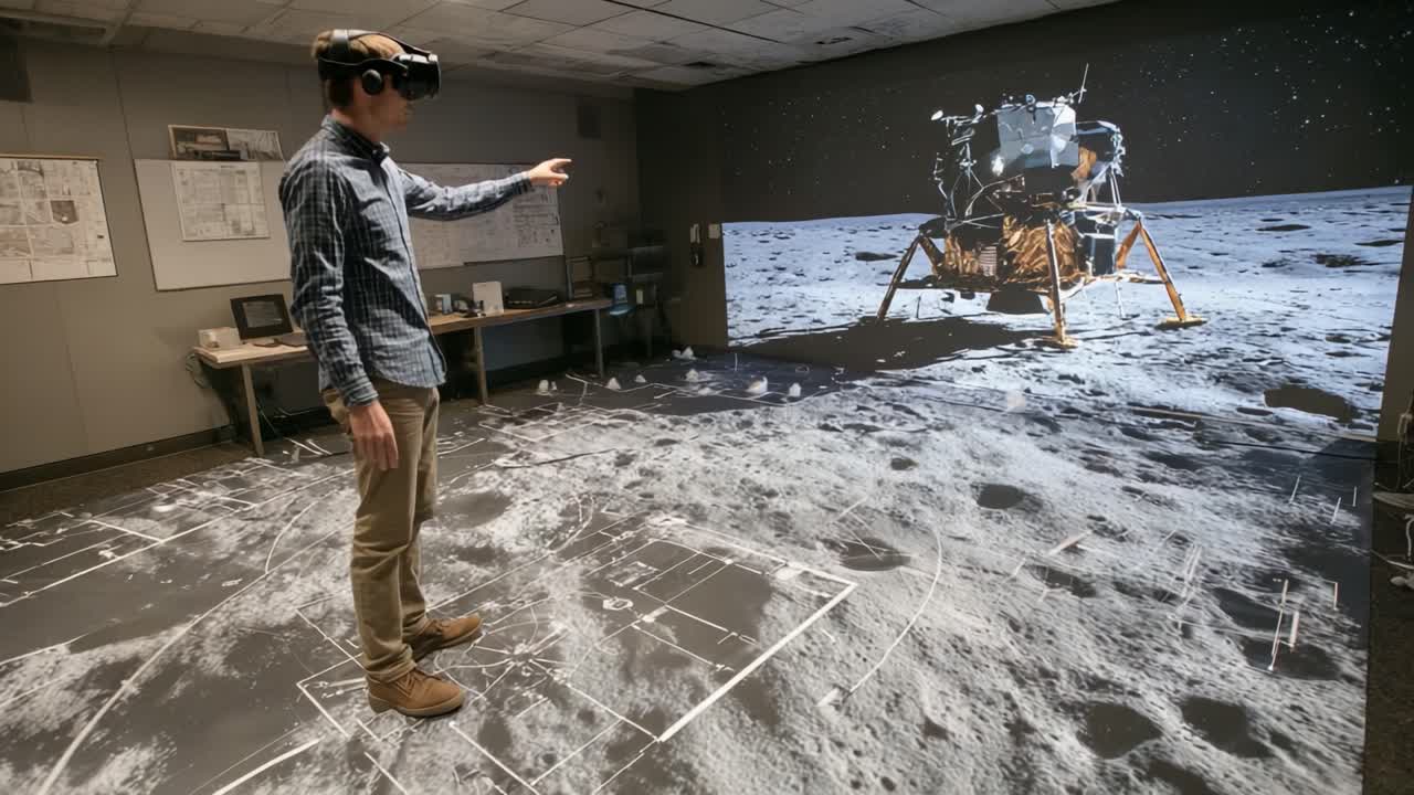Immersive Virtual Reality Experience of Lunar Exploration: A User Engages with a Virtual Moon Landscape and Lunar Module in a Cutting-Edge Simulation Environment for Space Exploration Training