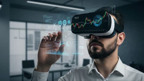 a business professional experiencing augmented reality with virtual reality headset, interacting with financial data visualization in a modern office environment