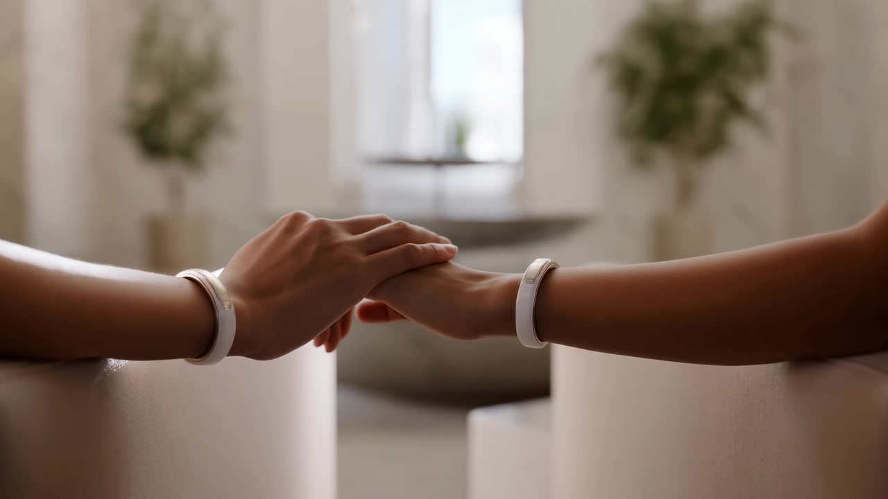 Close view shows one hand resting across another while forearms extend from opposite sides, with pale seating, potted greenery, bright window light, and softly blurred interior decor.