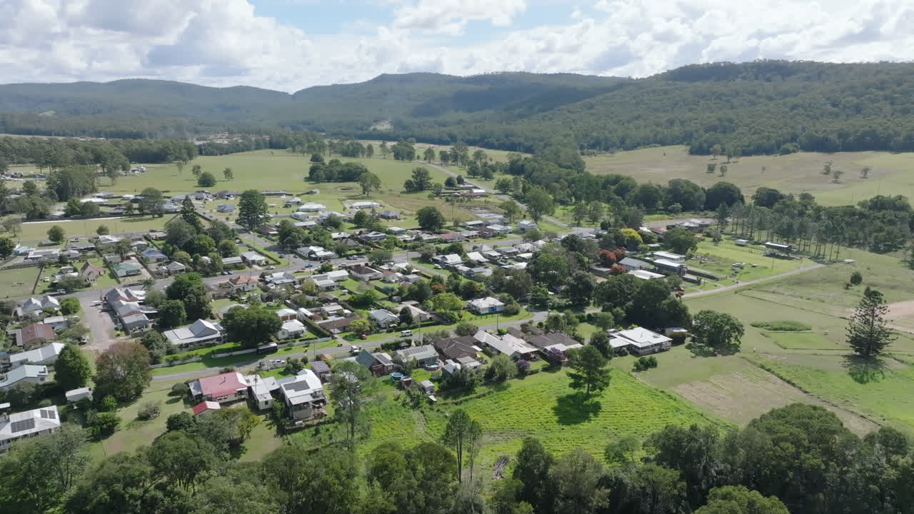 Aerial drone shot over the town of Glenreagh, in New South Wales Australia