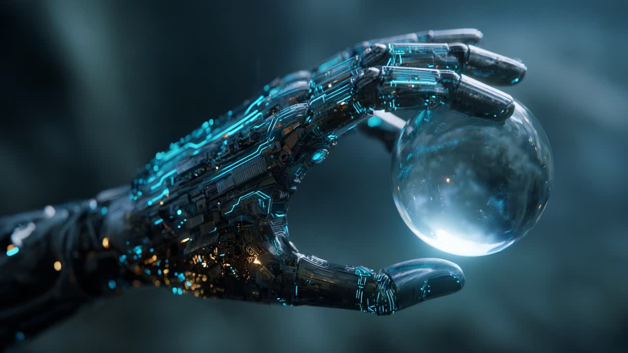 A futuristic robotic hand holding a glowing orb, showcasing advanced technology and intricate circuitry, symbolizing the fusion of humanity and artificial intelligence in a captivating visual narrative