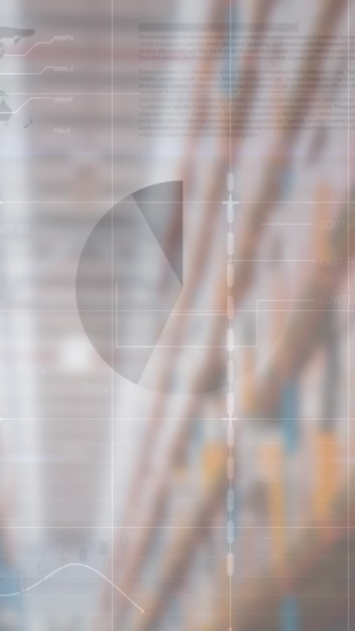 Animation of financial data processing over empty warehouse