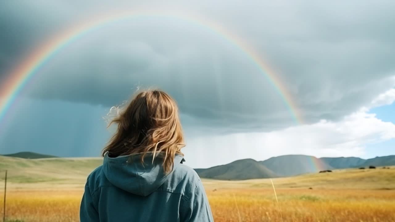 Young woman with long brown hair, wearing a blue hooded jacket, admiring a vibrant rainbow arching across a vast prairie landscape after a storm
