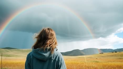 young woman with long brown hair, wearing a blue hooded jacket, admiring a vibrant rainbow arching across a vast prairie landscape after a storm